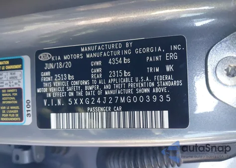 2021 Kia K5 Lx from USA, damaged, VIN 5XXG24J27MG003935